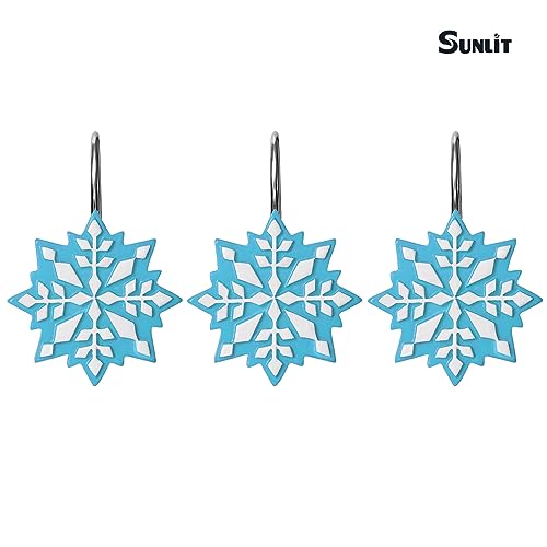 Sunlit Blue/White Snowflake Christmas Shower Curtain Hooks - 12 Pack