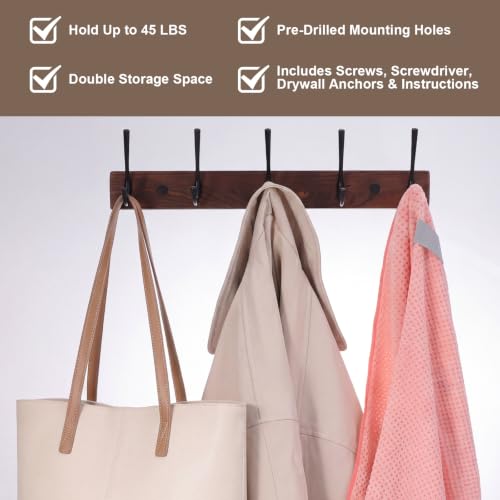 Dntorx 1 Pack Wall Mounted Coat Rack with 5 Hooks - 15.8 Inch Wooden Design