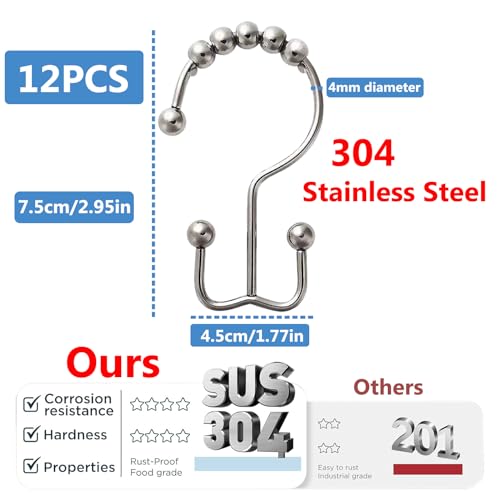 12PCS Rust-Proof Stainless Steel Shower Curtain Rings - Smooth Gliding