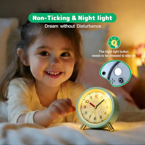 Kids Alarm Clock Green Silent Non-Ticking Learning Clock for School Beginners