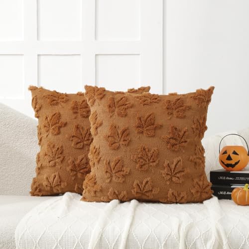 All Smiles Rust Fall Outdoor Decorative Throw Pillow Covers 16x16 Set of 2 Maple Leaves