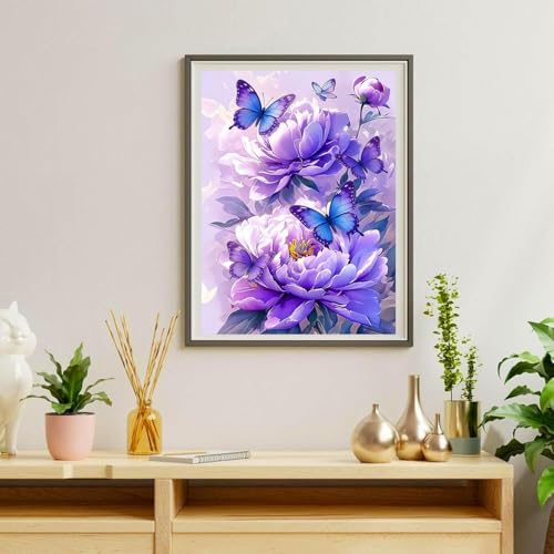 Purple Butterfly Peony 5D Diamond Painting Kit - 12x16 Inch