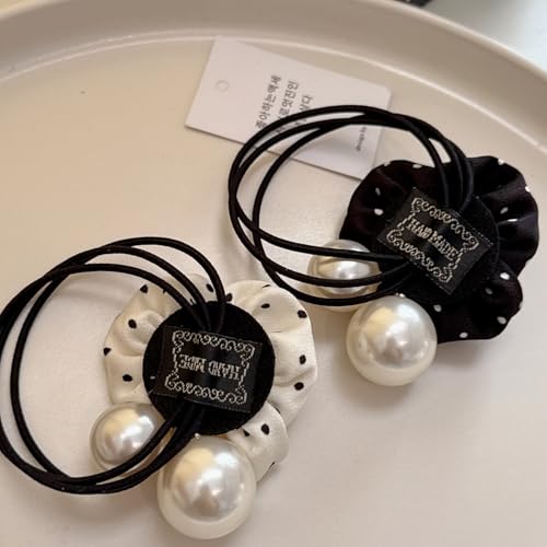SICOPEE Polka Dot Flower Hair Tie with Pearls and Crystal Center