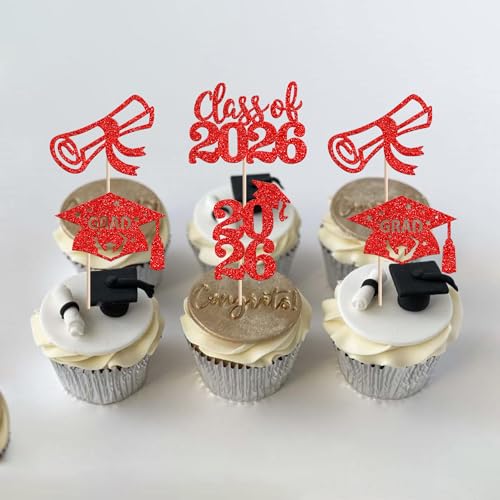 2026 Graduation Cap Cupcake Toppers - 24 PCS Glitter Decorations
