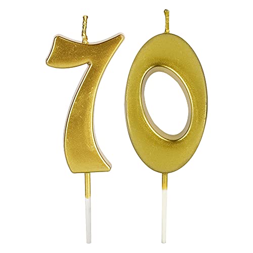 Gold 70th Birthday Number Candles - Glitter Cake Decoration for Party