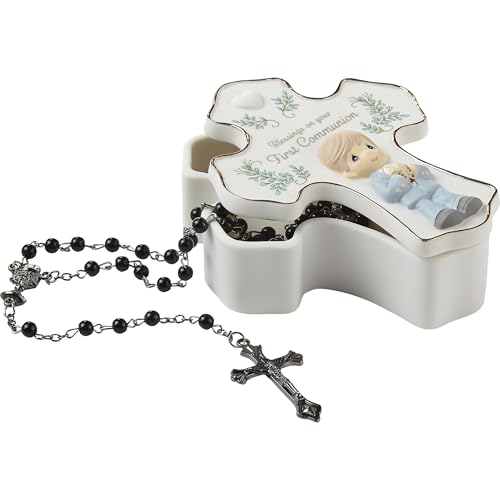 Precious Moments Communion Boy Figurine & Rosary Box Set, Bisque Porcelain Keepsake, Ideal First Communion Gift