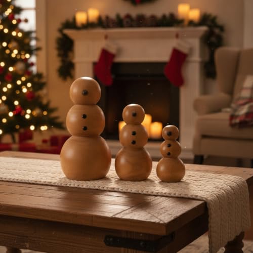 3 Pcs Wooden Snowman Christmas Decorations Handcrafted Rustic Figurines - 7.5'', 5.6'', 4.2''