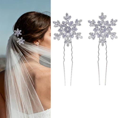SICOPEE 2 Pack Crystal Snowflake Hair Pins Silver Bridal Accessories