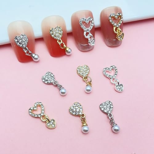 40Pcs Heart & Star Dangle Nail Charms Silver Gold Rhinestone Gems