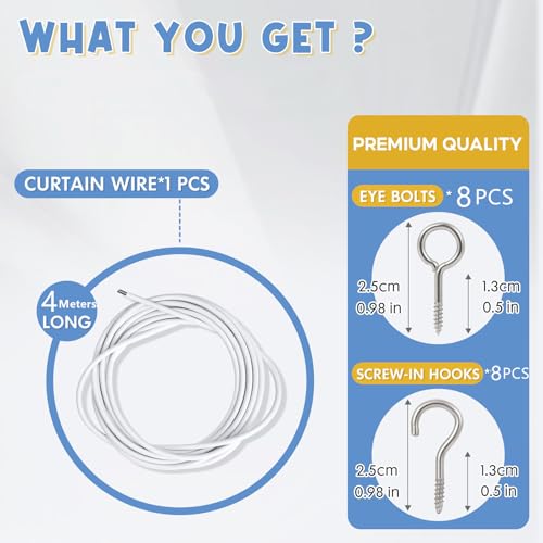 Plastic Coated Curtain Wire for Hanging Curtains - 4m with Hooks
