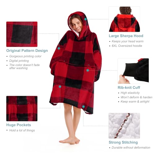 Narecte Cozy Oversized Wearable Hoodie Blanket for Adults - Red Plaid