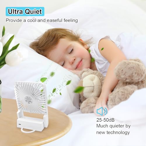 ELZO Travel Fan - Foldable Mini Desk Fan, Quiet Battery Operated, 3 Speeds, 225° Tilt, White
