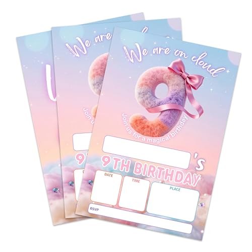 EXW 20 Pack Cloud 9th Birthday Invitations with Envelopes, 4x6 Fill-In Party Invites