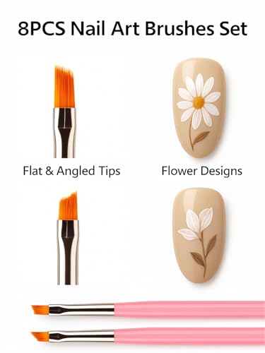 HomTop 8-Piece Nail Art Brush Set - Flat and Angled Painting Brushes for Acrylic and Gel Design