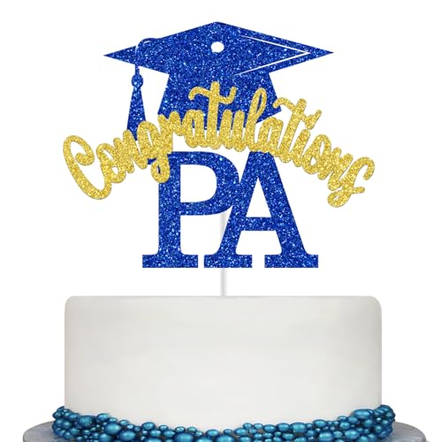 Congrats PA Cake Topper - Blue and Gold Glitter Graduation Decoration