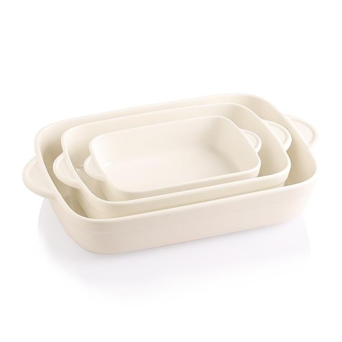 Sweejar Casserole Dishes for Oven, Ceramic Bakeware Set of 3, Lasagna Pan Deep with Handle, Rectangular Baking Pan Set, 9x13 Baking Dish for Cooking, Banquet and Daily Use (Beige)