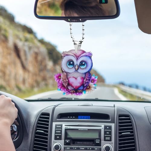 Cute Pink Owl Car Rearview Mirror Charm – Vibrant Hanging Pendant