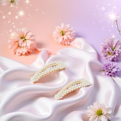 Mozff Pearl Hair Clips for Women - 2Pc Elegant Snap Barrettes