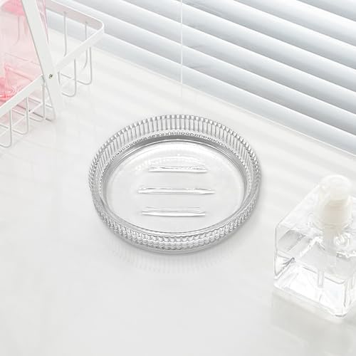 UHEY HOME Clear Glass Soap Dish - Modern Round Bar Soap Holder for Sink