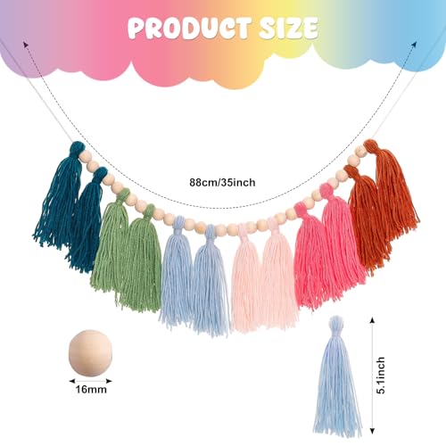 Boho Tassel Garland Yarn Bunting Banner with Wood Beads for Nursery Wall Decor