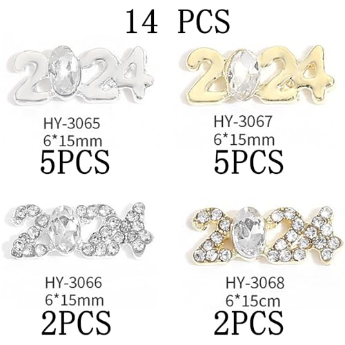 FIEONCIY 2024 Number Nail Rhinestones 3D Alloy Metal Digit Charms - 14Pcs