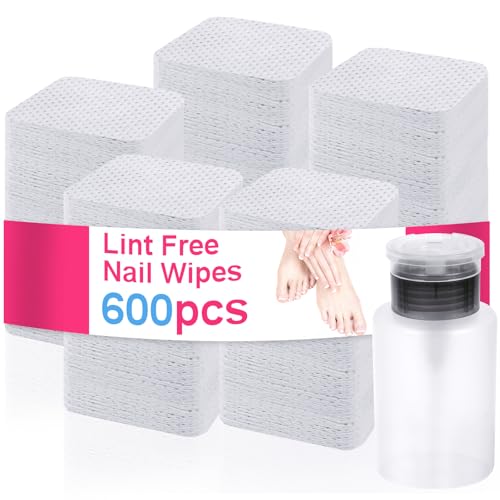 600 PCS Lint Free Nail Wipes and Pump Dispenser Bottle Set