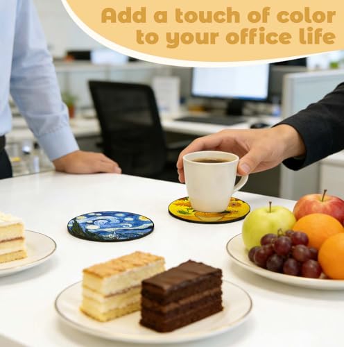 Van Gogh Style PU Leather Coaster Set of 6 with Holder - Handmade Art Drink Coasters for Home Decor & Gifts