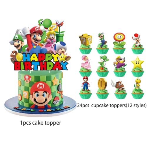 Mario Cake Decorations 25Pcs with Cupcake Toppers & Birthday Topper