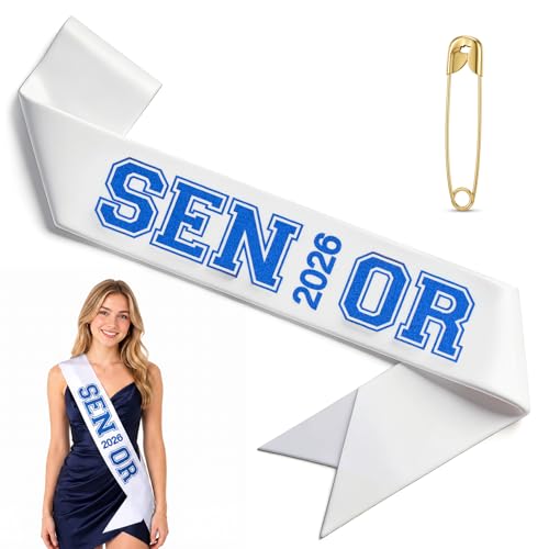 2026 Senior Sash - White Satin with Blue Glitter Letters