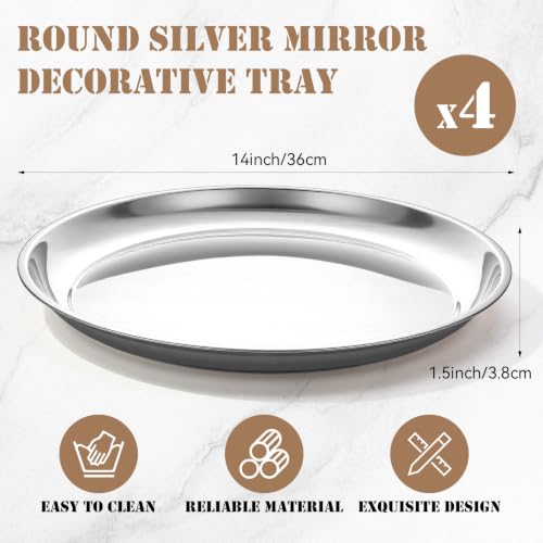 14 Inch Silver Mirror Decorative Tray Set - Round Stainless Steel