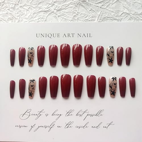 Burgundy Floral Press on Nails Long Square False Nails Kit with Black Leaf