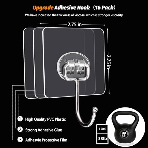 16 Pack Heavy Duty Adhesive Hooks - 33lb Waterproof Clear Wall Hooks