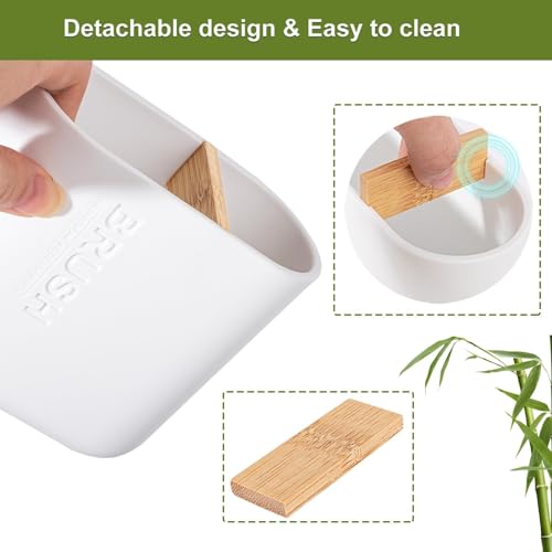 Rejomiik White Toothbrush Holder, Bamboo & Plastic Bathroom Organizer