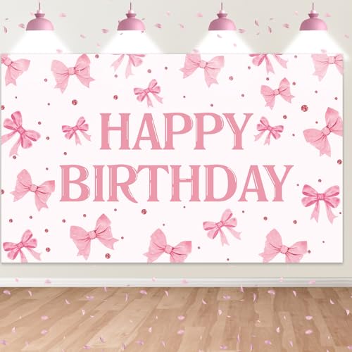 Pink Bow Happy Birthday Backdrop Banner - 71 x 43 Inch Fabric Decor
