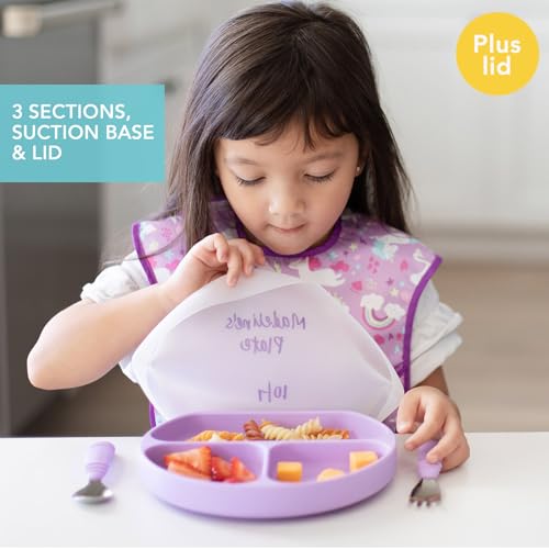 Bumkins Silicone Suction Plate with Lid, Lavender D5 for Toddlers