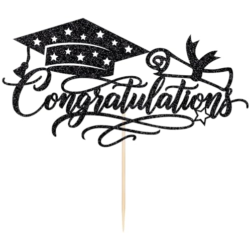 Black Glitter Graduation Cake Topper - Congratulations Cap & Diploma