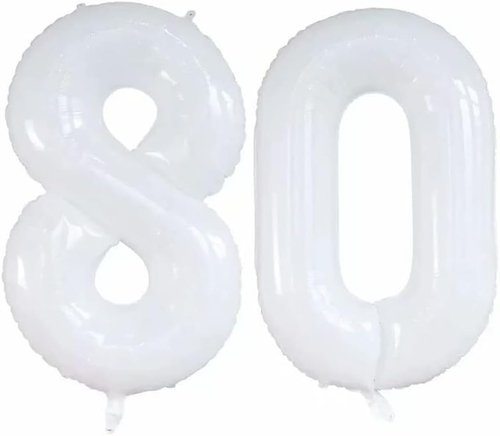 GOER 80th Birthday Balloons - 42 Inch Jumbo White Foil Helium Decorations for Anniversary Celebrations