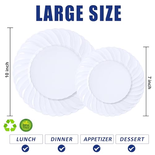 White Plastic Plates for Party Set - Scalloped Edges, 60 Pcs, Dinner & Dessert