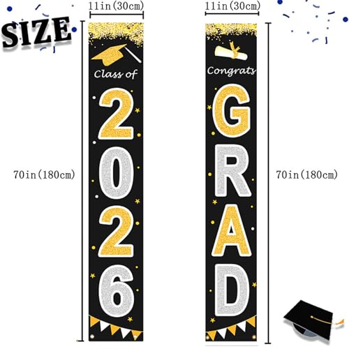 Class of 2026 Graduation Banner - Black & Gold Porch Decor 70" x 11"