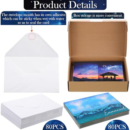 Religious Christmas Cards Set with Envelopes, Nativity Theme, 80 Pack, 7.5 x 5.1 Inches