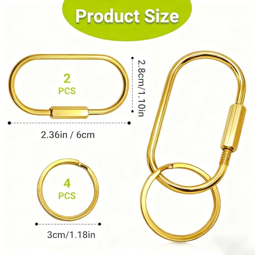 2 Pack Gold Carabiner Key Rings ? Brass Clip with Screw Lock, Key Organizer with 4 Rings, Jewelry Charm Holder for Handbags, Keys & Accessories for Men and Women
