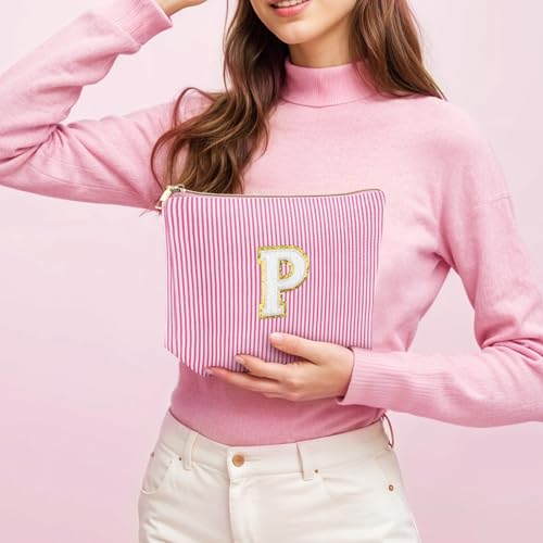 Mikela Monogrammed Makeup Bag, Letter P Pink Travel Toiletry Pouch