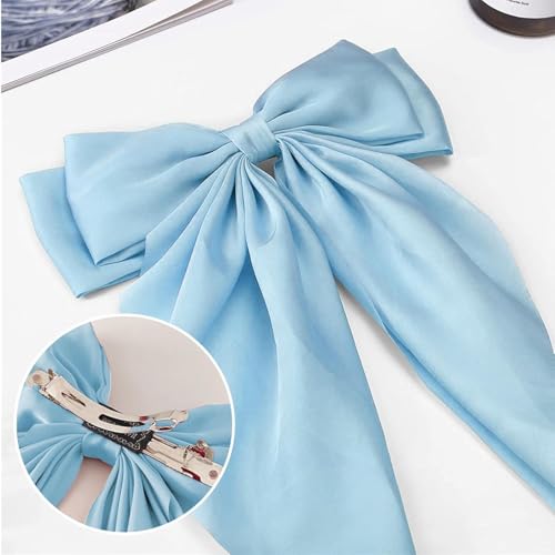 Jumbo Satin Bow Hair Clip with Long Tails, Light Blue French Barrette