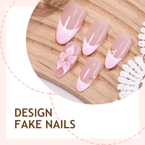 French Tip Press on Nails Medium Almond 3D Flower Pearl Glossy False Nails