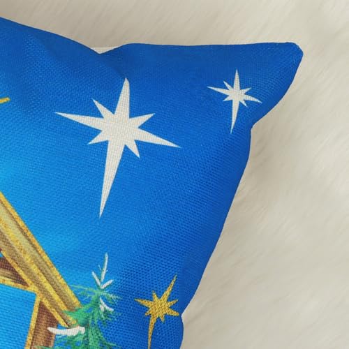Bonhause Blue Christmas Throw Pillow Covers 18x18 Inch Nativity Scene Holiday Decor - Blue-1