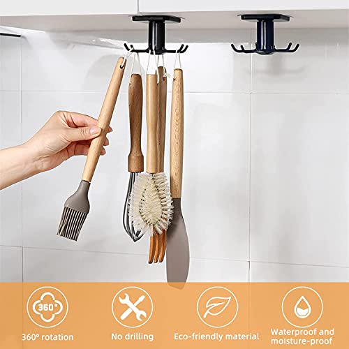 EigPluy 2pcs Under Cabinet Utensil Hooks - 360° Rotating Adhesive Rack, Black