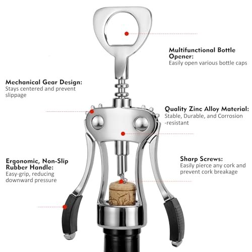 KORCCI Wing Corkscrew Wine Opener Set - Ash Silver with Stopper & Foil Cutter