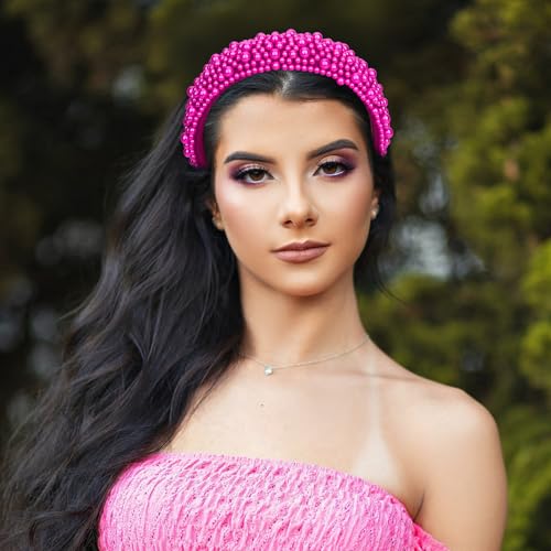 Wecoe Hot Pink Puffy Pearl Headband - Thick Beaded Hair Accessory