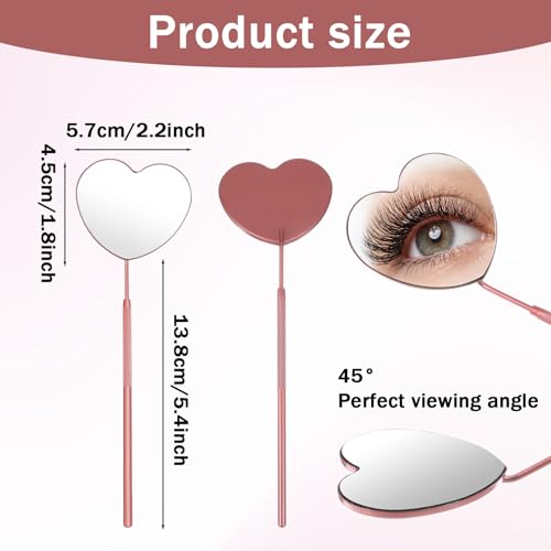 Lash Mirror for Eyelash Extensions - 2Pcs Stainless Steel Heart Handheld Detachable Rose Gold