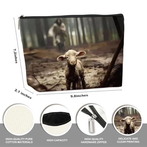 Christian Jesus and Lamb Makeup Bag Linen Spiritual Travel Pouch